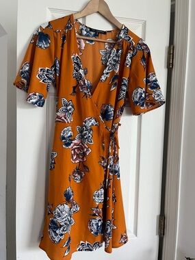 One Clothing Orange Floral Wrap Dress with Navy & White Blooms